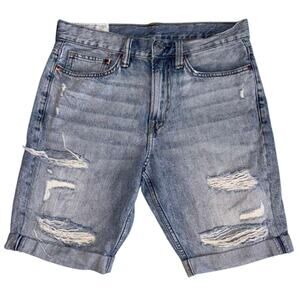 H&M Slim Fit Cuffed Shorts Men's Blue Denim Distressed Pockets Zip Fly - 30